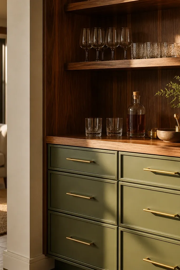 Built-in bar corner with shelves for glasses and drawers for bottles