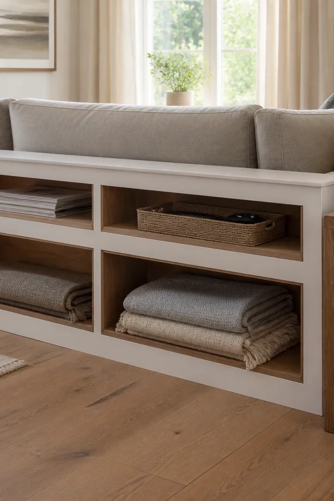 Low-profile built-in shelves behind a sofa with shallow baskets and open display