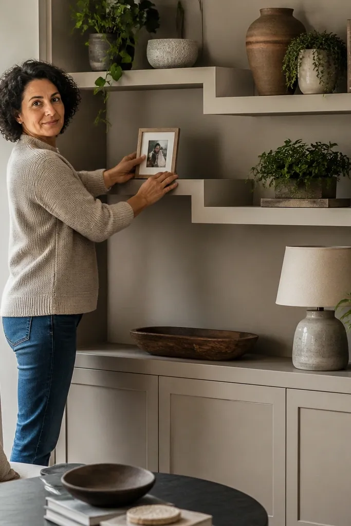 Built-in shelves with uneven spacing and small panel doors hiding clutter
