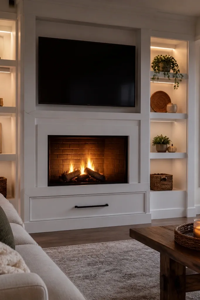 Built-in shelves around a fireplace with a warming drawer below and closed storage