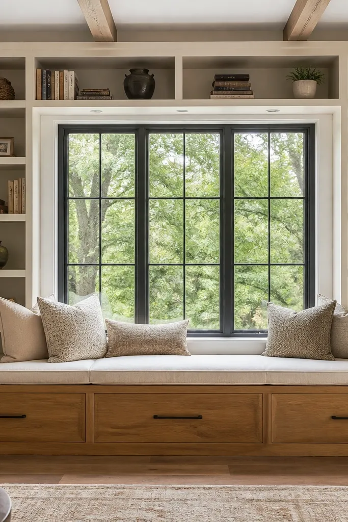 Window seat with built-in storage drawers and shelves above for books and decor