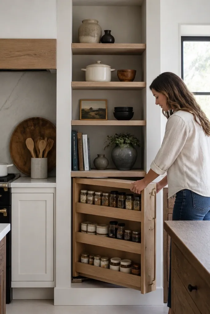 Built-in open shelves with pull-out racks hidden behind a shelf face