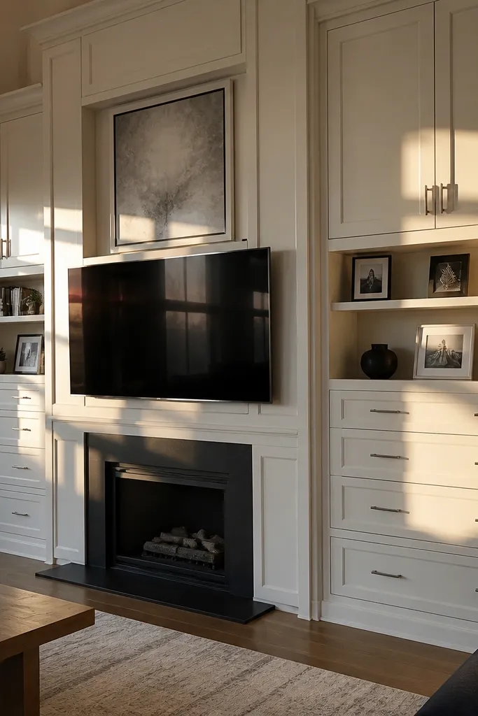 Built-in double-height section with a top cabinet and bottom drawers for living room storage