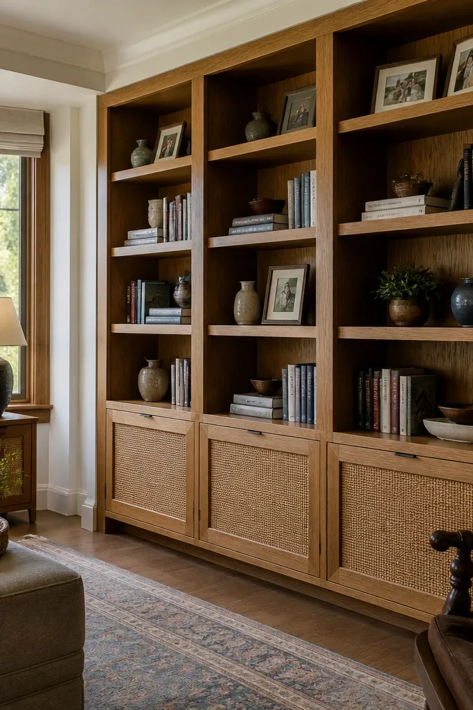 Ladder-like built-in shelves with enclosed lower basket compartments