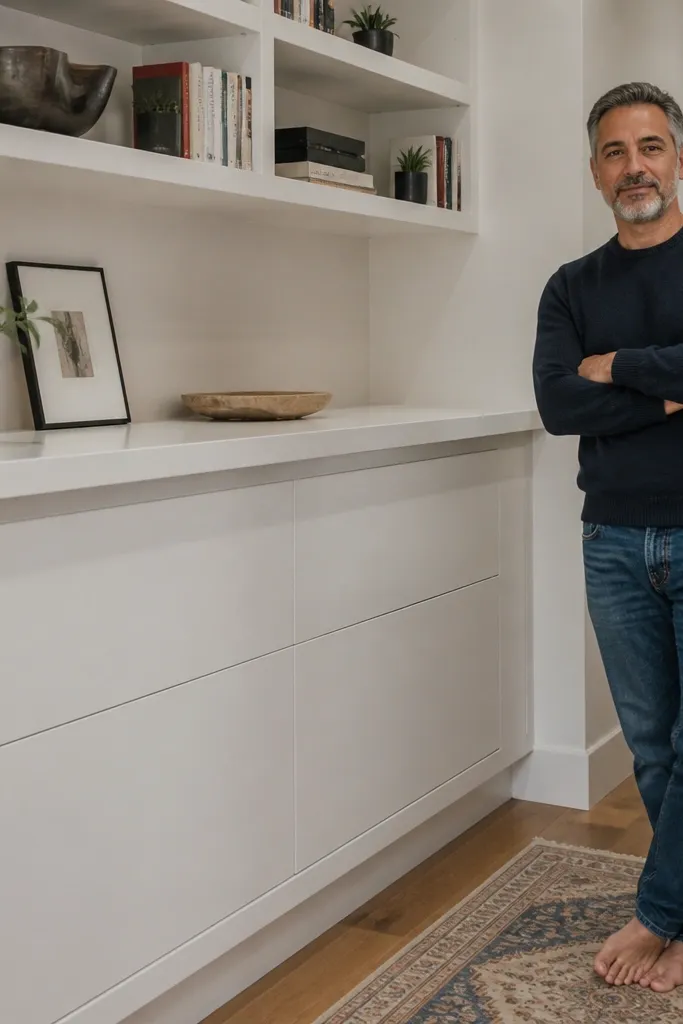 Built-in shelves with pull-out drawers hidden under shelf faces