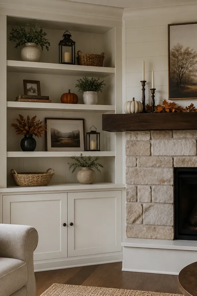 Built-in mantel shelves in a corner with a lower cabinet for blankets