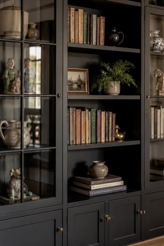 Matte painted built-in shelves with glass-front doors holding decor and collectibles