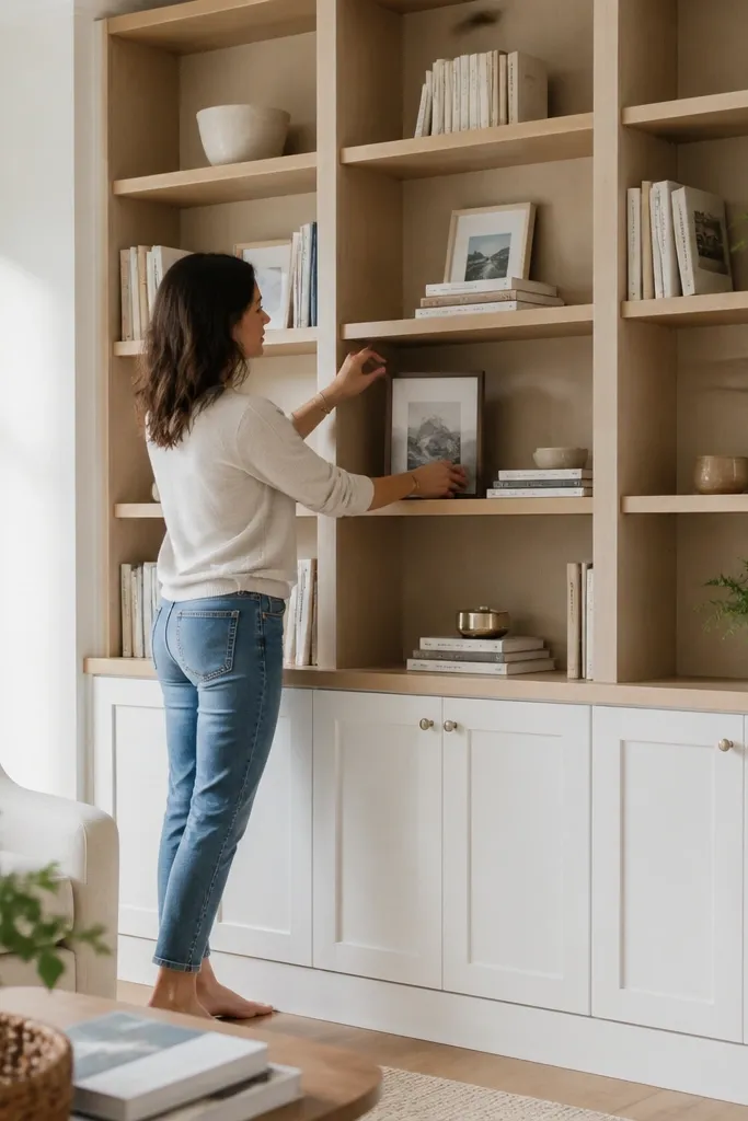 Open built-in shelves on top with bottom cabinet doors hiding baskets
