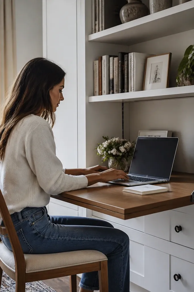 Built-in shelves with a pull-down desk panel that folds down from the shelf area