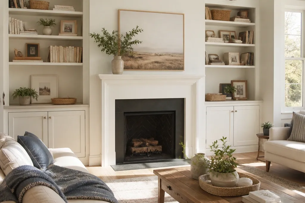 Year-Round Built-In Shelves Living Room Storage
