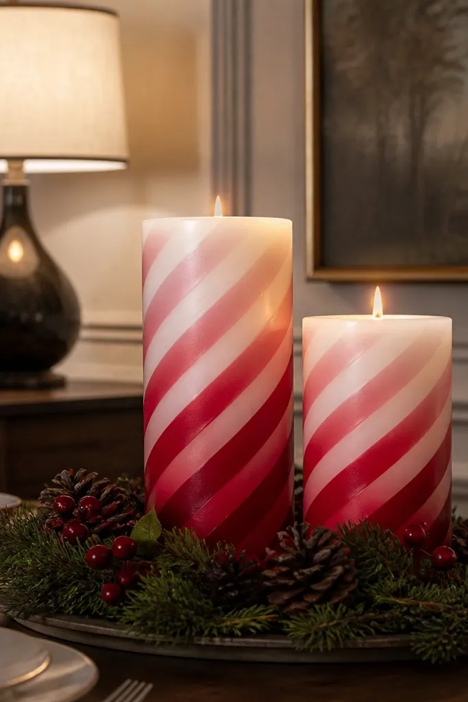 White and red pillar candles with diagonal peppermint stripes fading into soft pink.