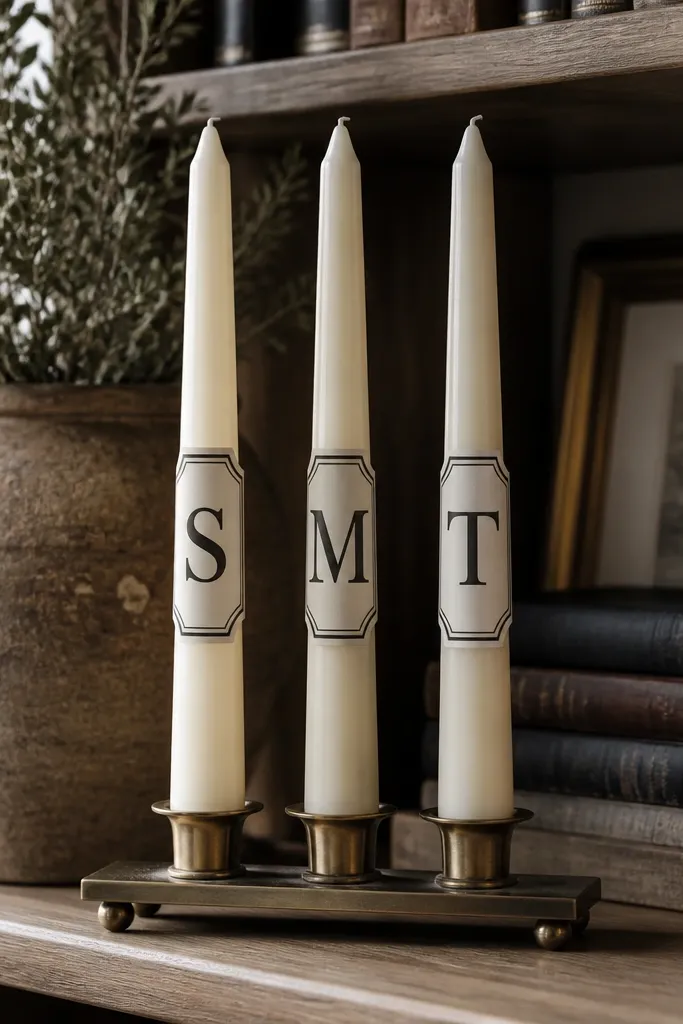 Ivory candles with a centered charcoal monogram inside a thin rectangular label.