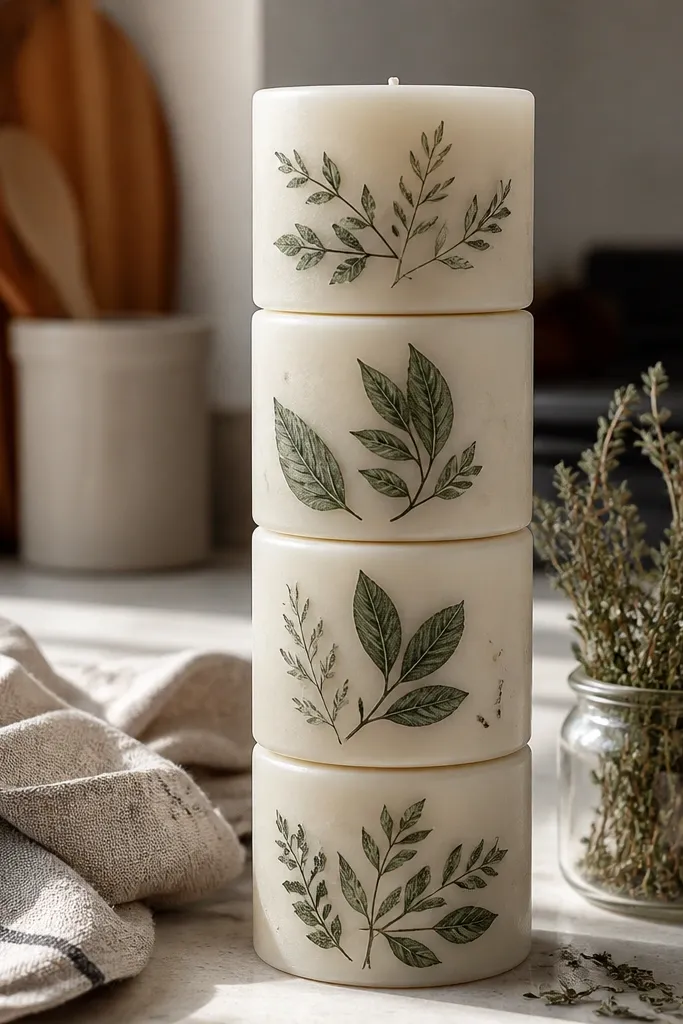 Cream candle with thin dark green line drawings of a sprig and tiny leaf clusters.