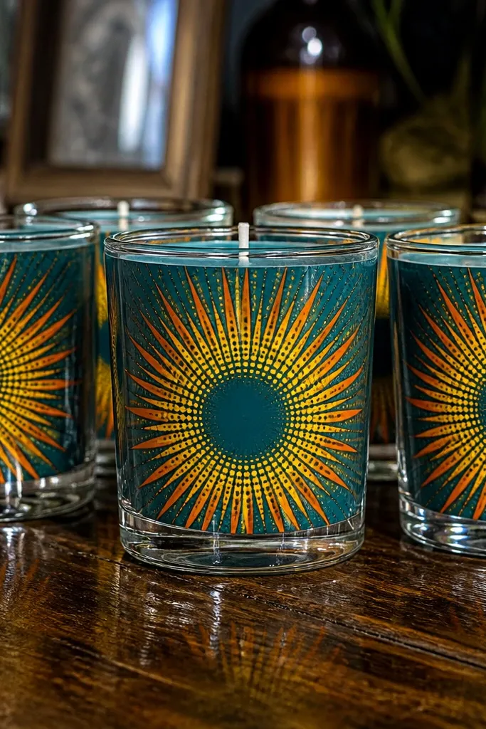 Glass votive cups with a bright yellow circle and halftone sunburst rays in orange.