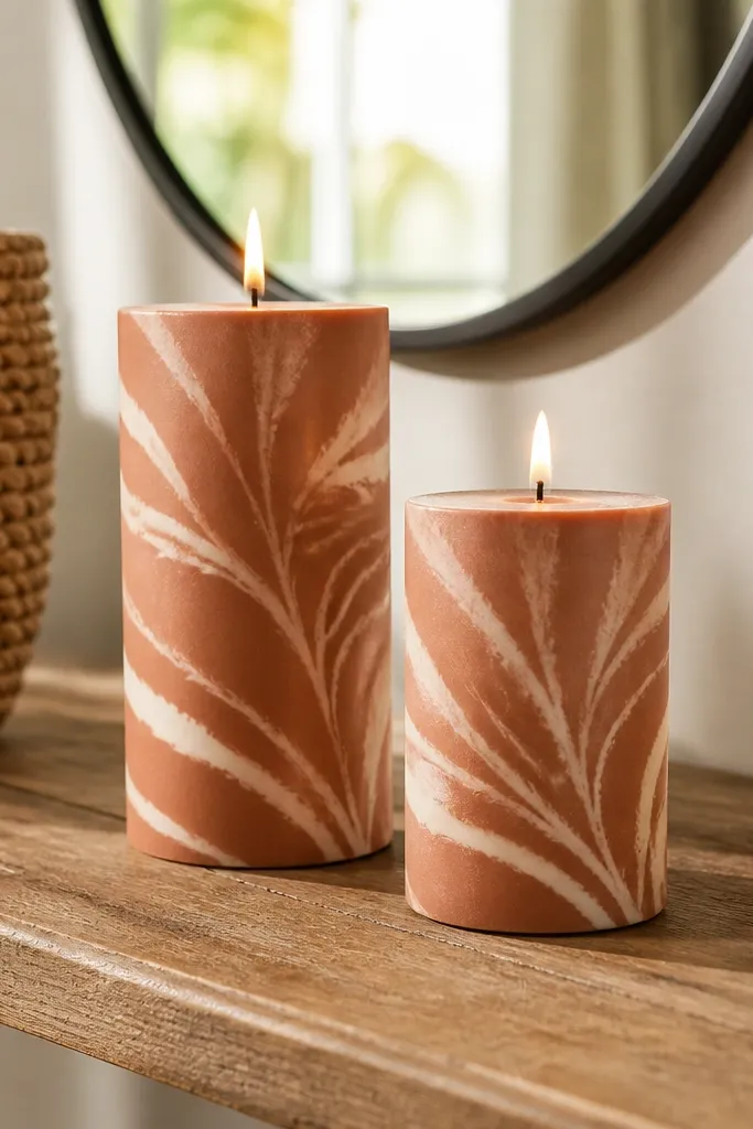 Terracotta candles with loose white swirl patterns that look like tie-dye.