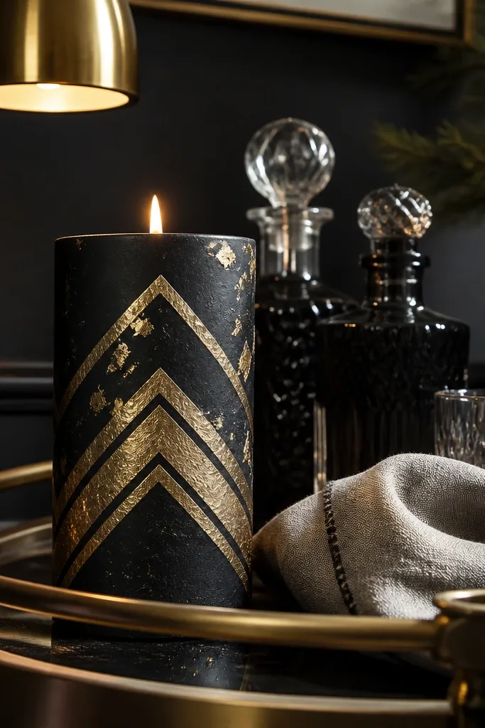 Matte black candles with gold chevron lines and small gold leaf flecks.