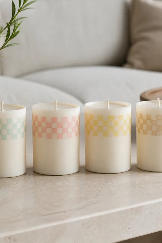 Cream candles with a pastel checkboard label in mint, pink, and butter yellow.