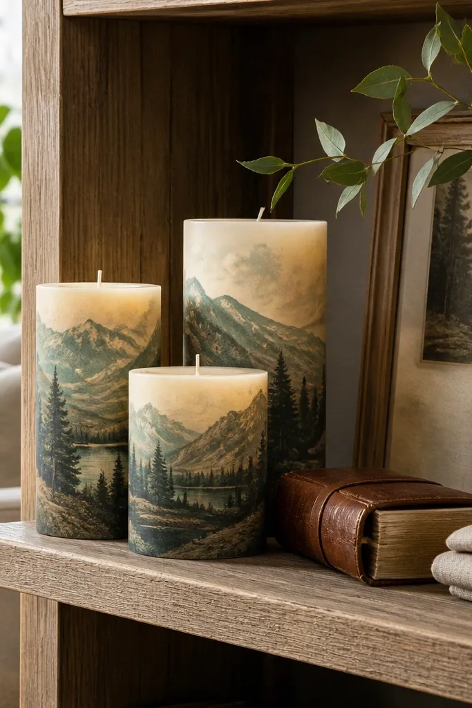 Candle with faded postcard-style mountains in muted brown and teal.