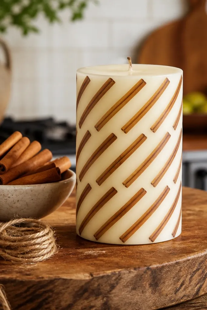 Ivory candles with repeating thin cinnamon-brown stick lines like a pattern wrap.