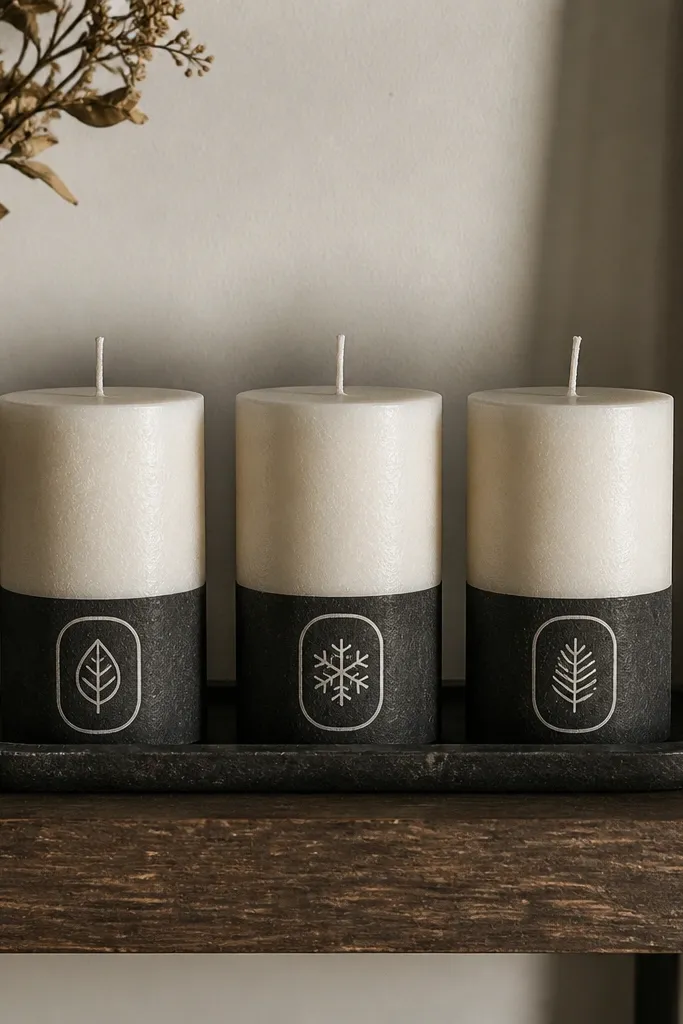 Dark gray candle with small white chalk-like icons: leaf, snowflake, and star.