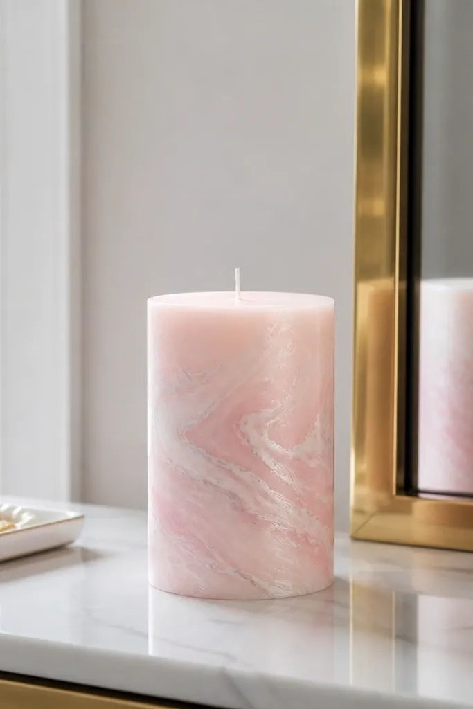 Pink and white candle with marbled swirls and soft gray veining.