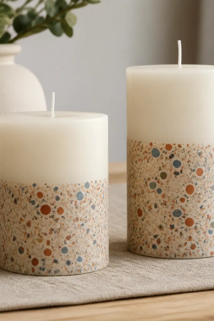 Cream candle with colorful terrazzo speckles concentrated on the bottom half.