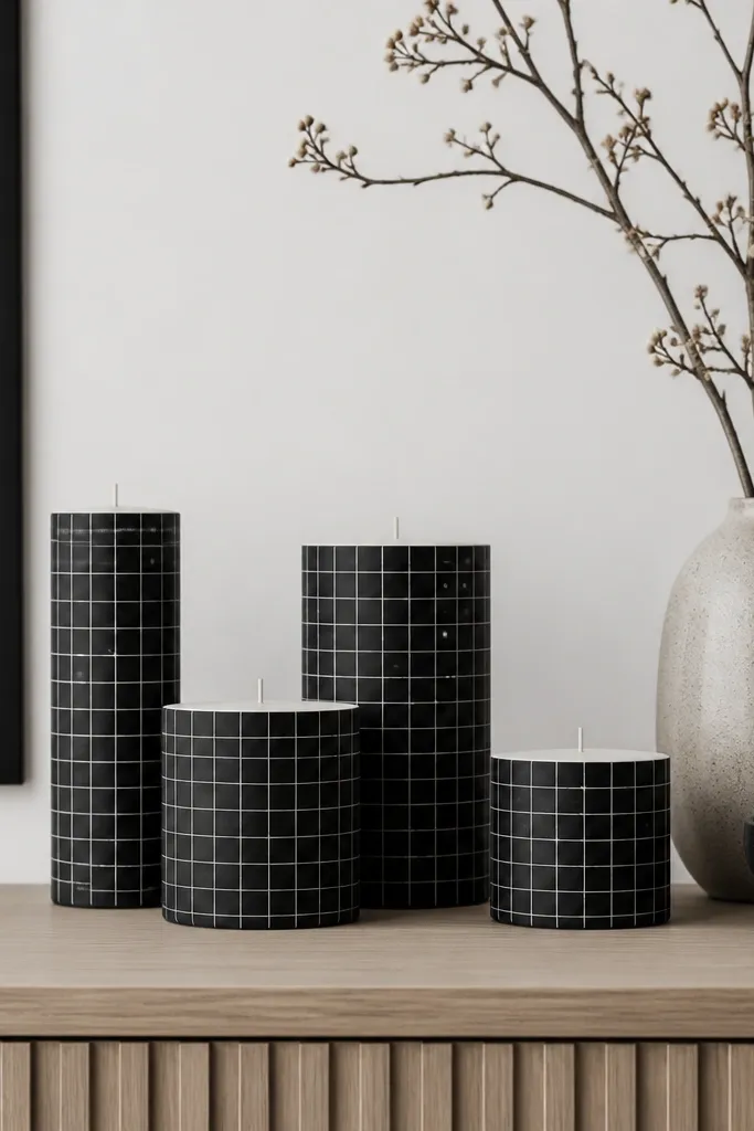 Off-white candle with a black grid and a few small star dots.