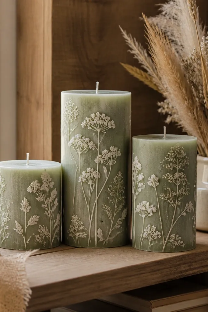 Sage green candle with white botanical shapes like dried flowers.