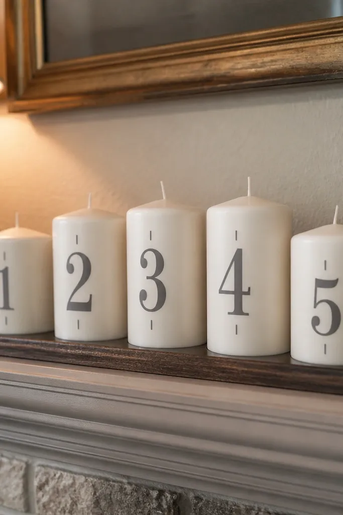 Cream candle with large gray calendar numbers and small tick marks.