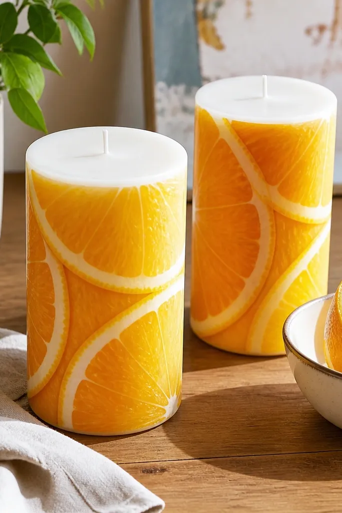 Yellow-orange candle with painted citrus segments and thin rind lines.