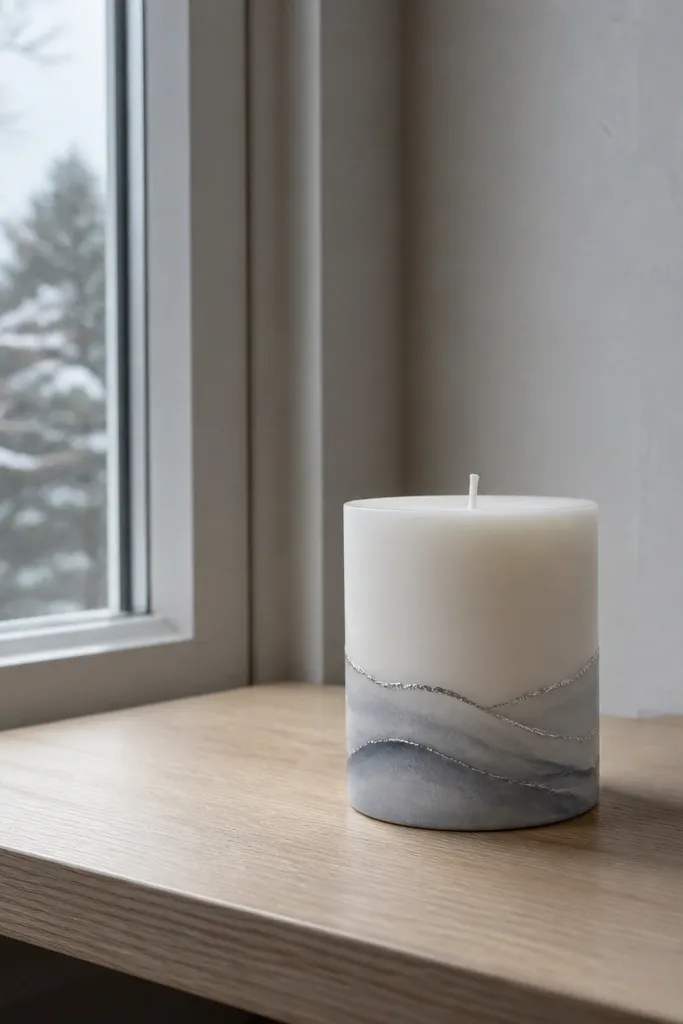 White candle with soft gray snow drift bands and a faint silver edge.