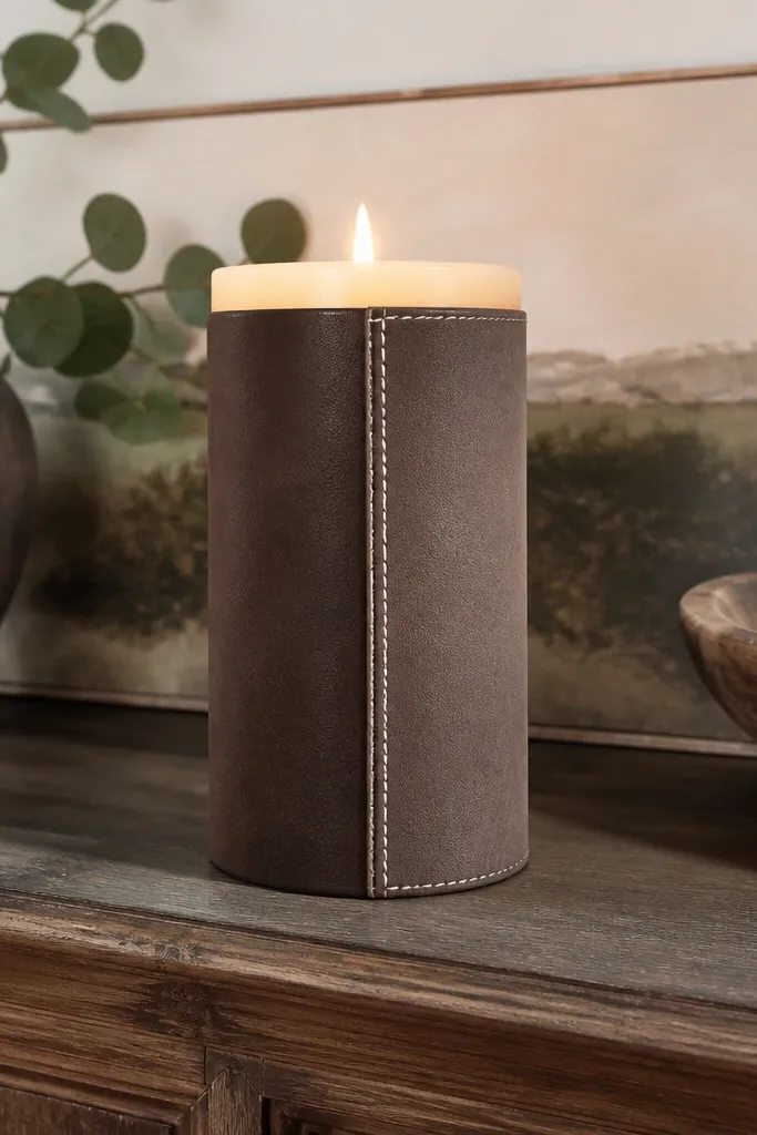 Smoky brown candle with a vertical faux leather wrap and white stitch lines.