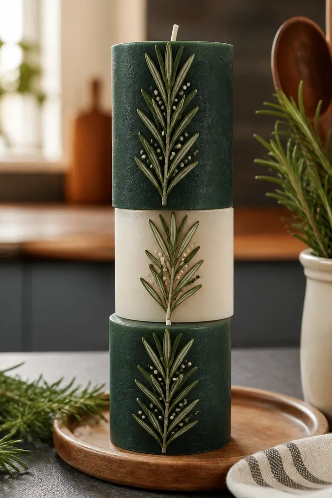 Cream candle with a vertical rosemary sprig in deep green and tiny off-white seed dots.