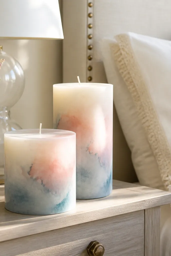 Light pastel watercolor gradient candle with soft edges in pink, peach, and lavender.