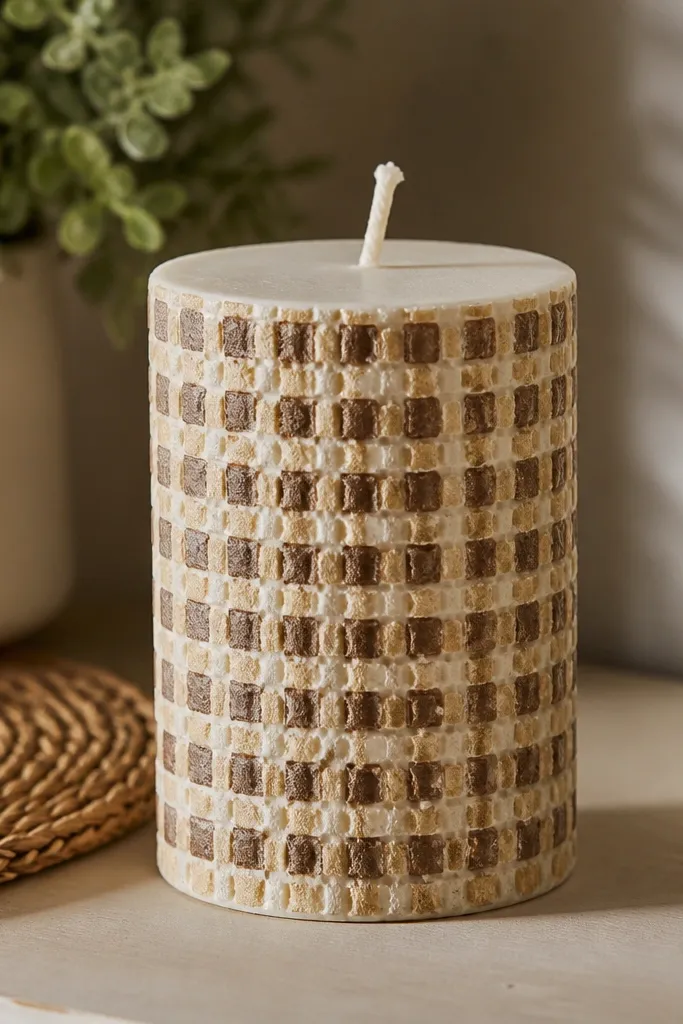 Beige candle with raised-looking waffle knit pattern in darker umber squares.