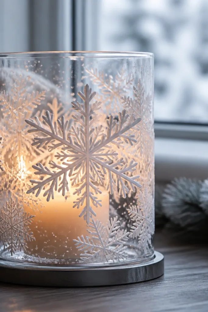 Clear votive with layered white snowflake cut shapes painted in stacked layers.