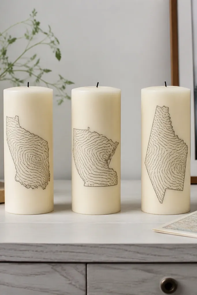 Cream candle with a simple outlined map shape and thin contour lines in gray.