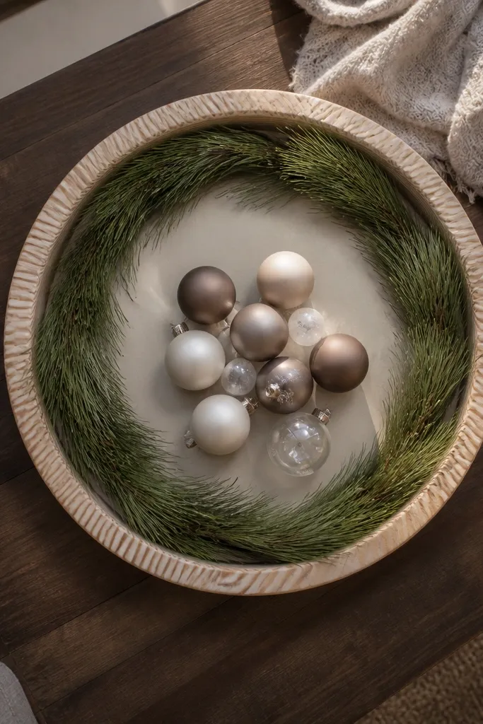 Wood tray with pine garland rim and a few neutral ornaments