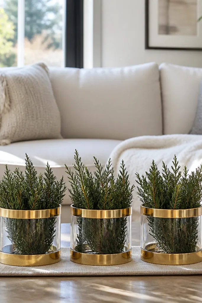 Clear votive holders with gold rims and small evergreen sprigs
