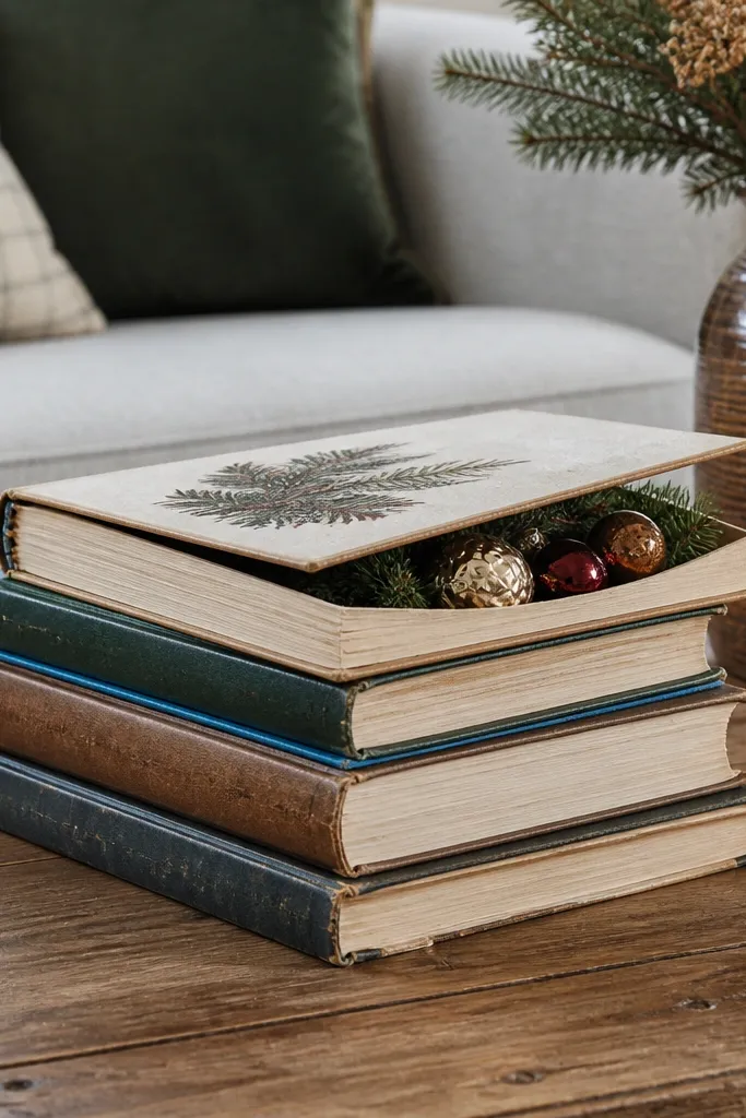 Stacked books with a small ornament cluster tucked on top