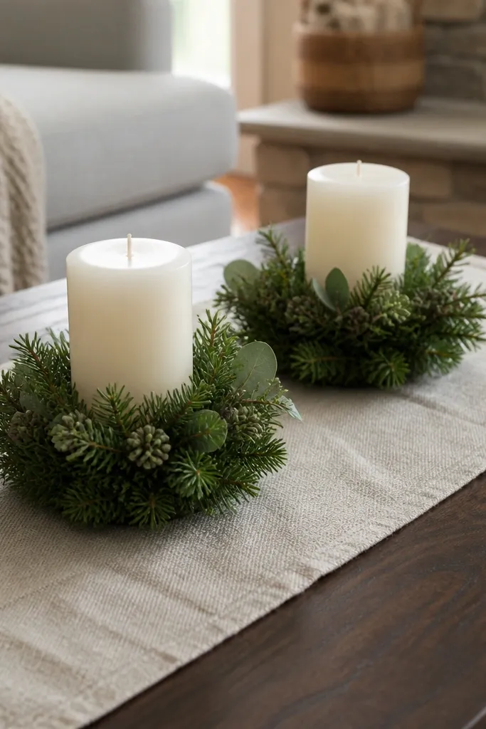 Linen runner with small evergreen sleeves around candles