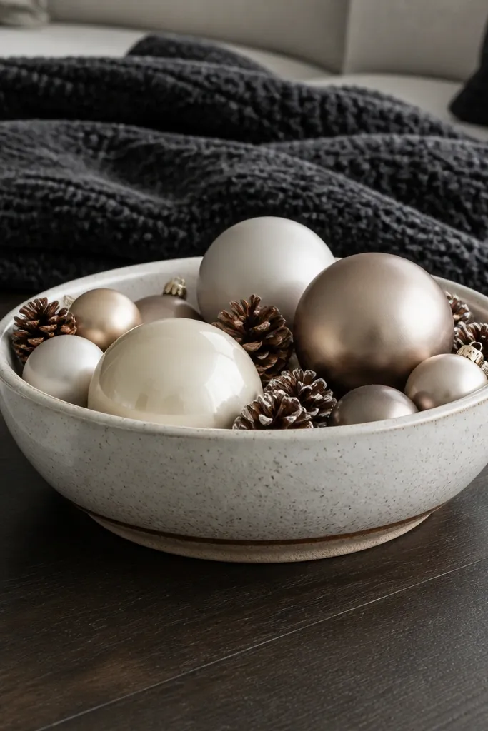Ceramic bowl filled with neutral ornaments and mini pine cones
