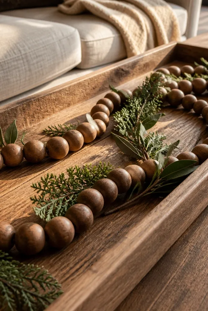 Wood bead garland laid across a tray with small evergreen picks