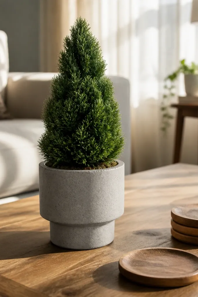 Small evergreen topiary in a concrete-style planter on a table
