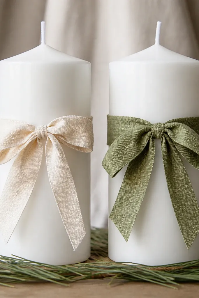 Two candles wrapped with neutral ribbon and pine needles at the base