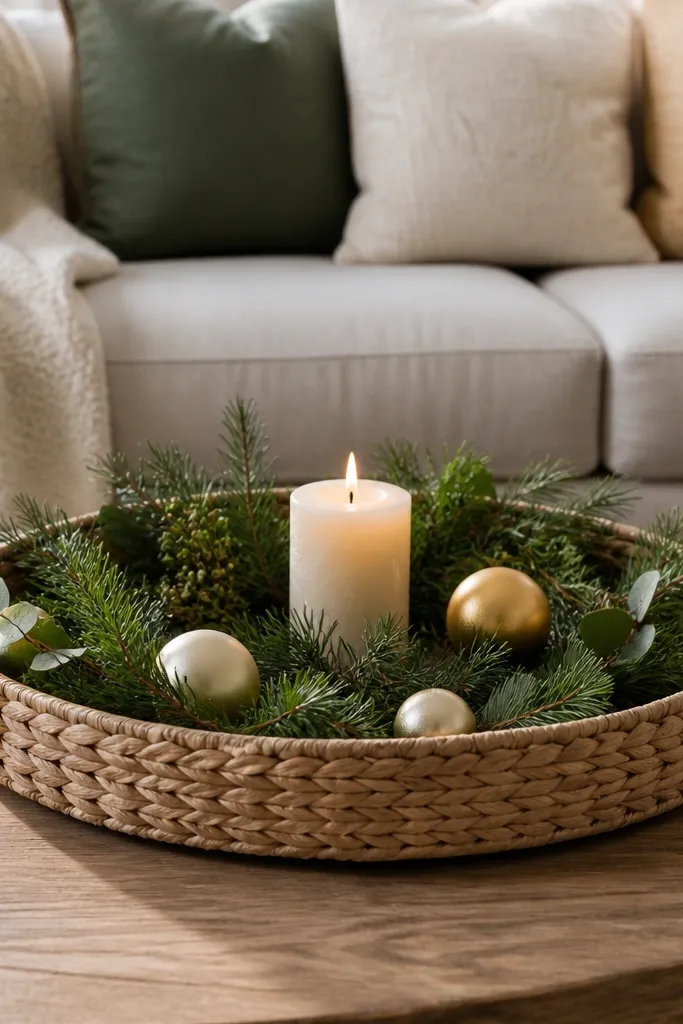 Woven basket tray filled with greenery, candles, and neutral ornaments