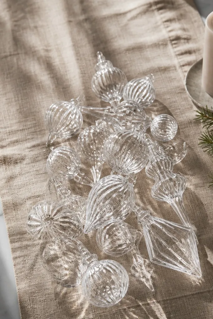 Clear ornament cluster on a neutral fabric runner
