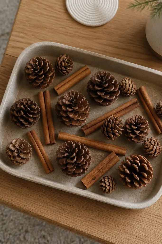 Tray with pinecones and cinnamon sticks arranged in a neat scatter