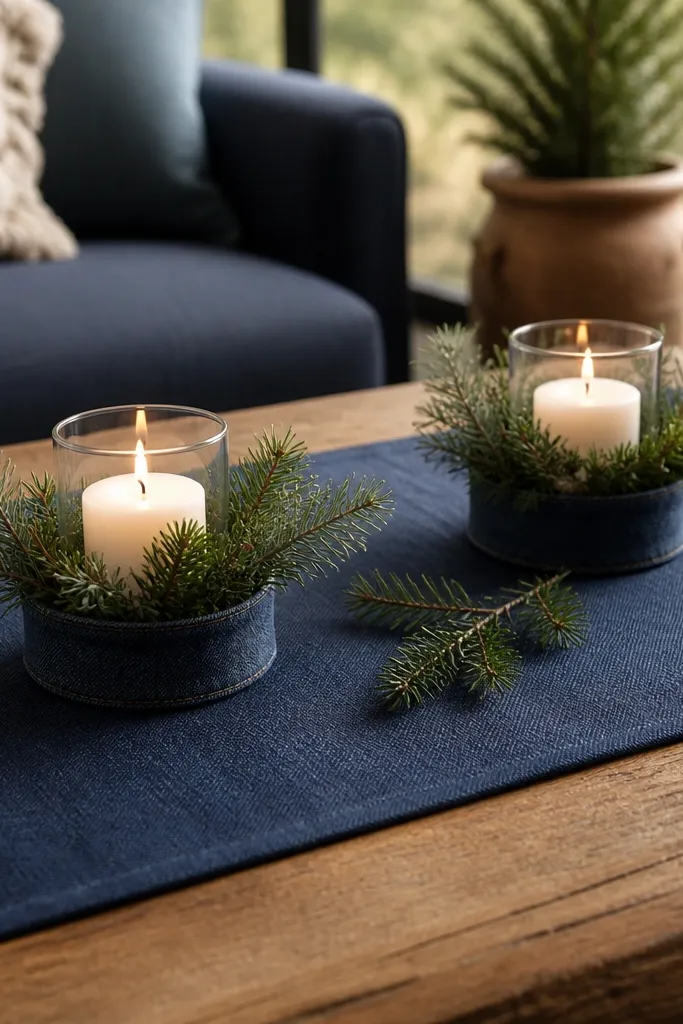 Folded linen napkins with evergreen napkin rings on a coffee table
