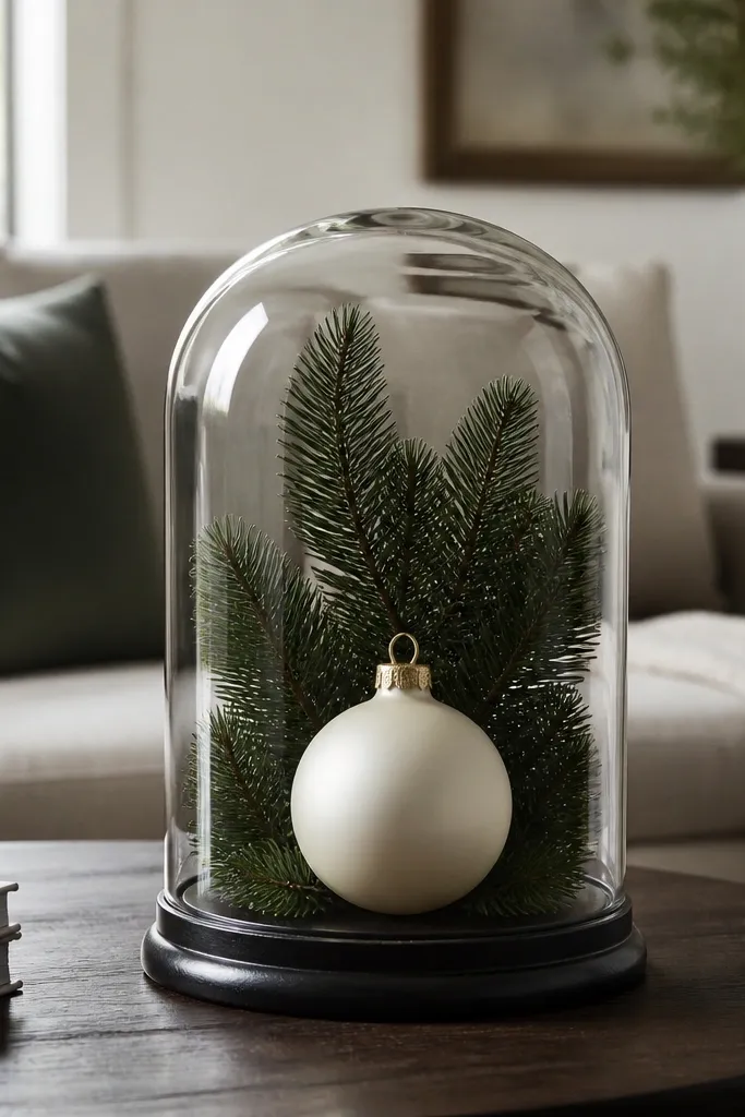 Glass cloche over one ornament with evergreen behind it